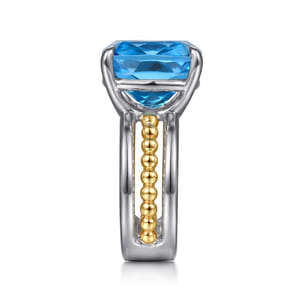 14K Yellow Gold and 925 Sterling Silver Bujukan Multi Rows Cushion Blue Topaz Cocktail Ring
