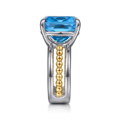 14K Yellow Gold and 925 Sterling Silver Bujukan Multi Rows Cushion Blue Topaz Cocktail Ring