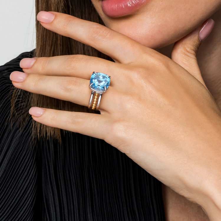 14K Yellow Gold and 925 Sterling Silver Bujukan Multi Rows Cushion Blue Topaz Cocktail Ring