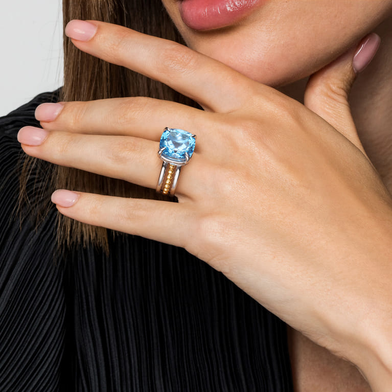 14K Yellow Gold and 925 Sterling Silver Bujukan Multi Rows Cushion Blue Topaz Cocktail Ring - Shot 5