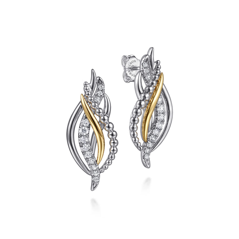 14K Yellow Gold and 925 Sterling Silver Bujukan Multi Rows White Sapphire Stud Earrings - Shot 1