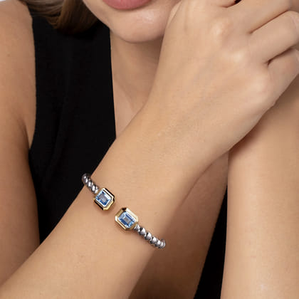 14K Yellow Gold and 925 Sterling Silver Bujukan Octagon Blue Topaz Bangle Bracelet