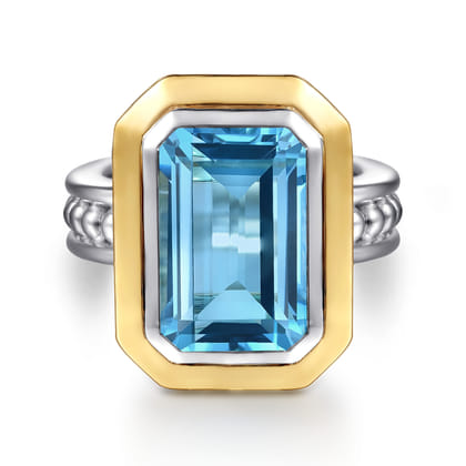 14K Yellow Gold and 925 Sterling Silver Bujukan Octagon Blue Topaz Cocktail Ring