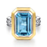 14K Yellow Gold and 925 Sterling Silver Bujukan Octagon Blue Topaz Cocktail Ring