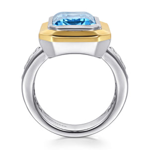 14K Yellow Gold and 925 Sterling Silver Bujukan Octagon Blue Topaz Cocktail Ring