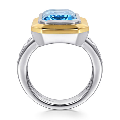 14K Yellow Gold and 925 Sterling Silver Bujukan Octagon Blue Topaz Cocktail Ring