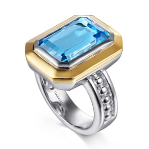 14K Yellow Gold and 925 Sterling Silver Bujukan Octagon Blue Topaz Cocktail Ring