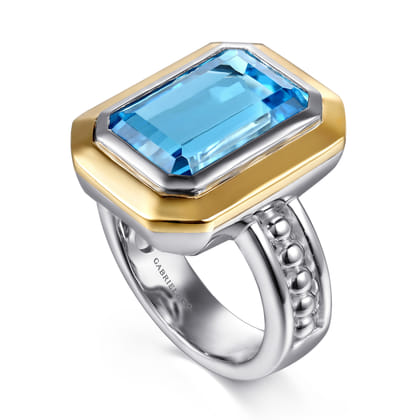 14K Yellow Gold and 925 Sterling Silver Bujukan Octagon Blue Topaz Cocktail Ring