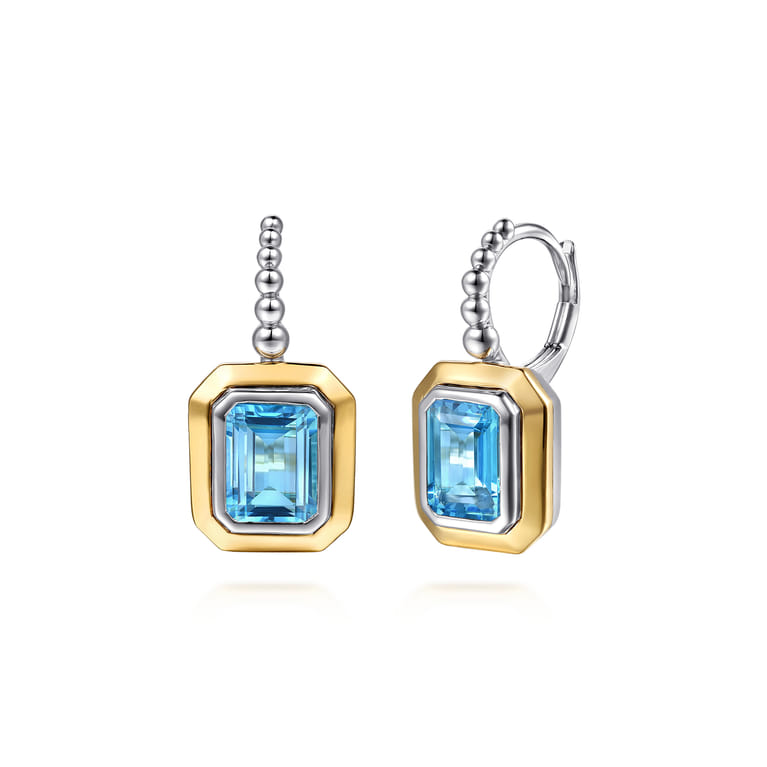 14K Yellow Gold and 925 Sterling Silver Bujukan Octagon Blue Topaz Leverback Earrings - Shot 1