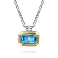 14K Yellow Gold and 925 Sterling Silver Bujukan Octagon Blue Topaz Pendant Necklace