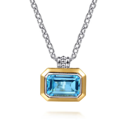 14K Yellow Gold and 925 Sterling Silver Bujukan Octagon Blue Topaz Pendant Necklace