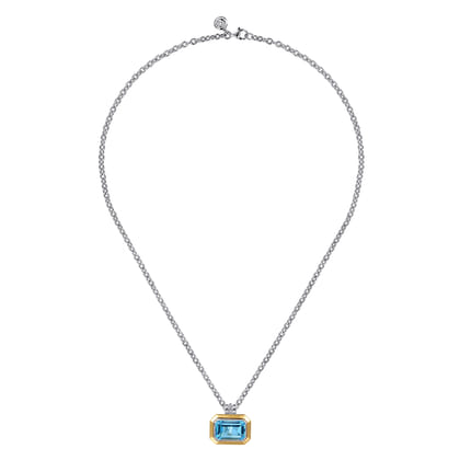 14K Yellow Gold and 925 Sterling Silver Bujukan Octagon Blue Topaz Pendant Necklace