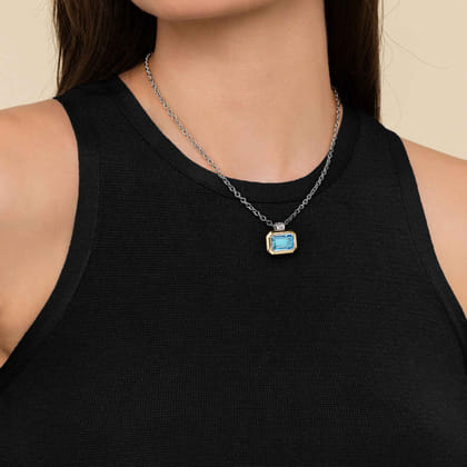 14K Yellow Gold and 925 Sterling Silver Bujukan Octagon Blue Topaz Pendant Necklace