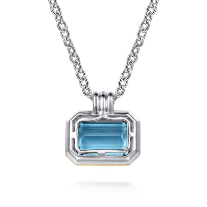14K Yellow Gold and 925 Sterling Silver Bujukan Octagon Blue Topaz Pendant Necklace