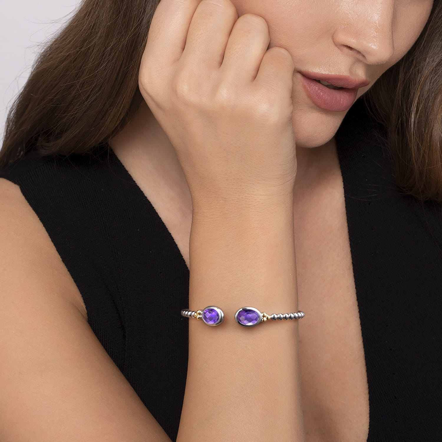 14K Yellow Gold and 925 Sterling Silver Bujukan Oval Amethyst Bangle