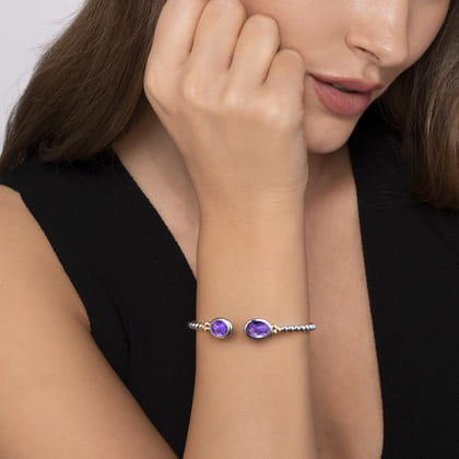 14K Yellow Gold and 925 Sterling Silver Bujukan Oval Amethyst Bangle