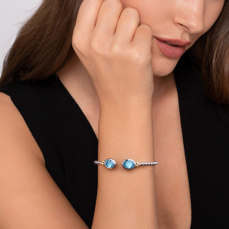 14K Yellow Gold and 925 Sterling Silver Bujukan Oval Blue Topaz Bangle - Shot 4