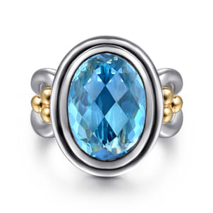 14K Yellow Gold and 925 Sterling Silver Bujukan Oval Blue Topaz Cocktail Ring