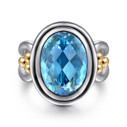 14K Yellow Gold and 925 Sterling Silver Bujukan Oval Blue Topaz Cocktail Ring