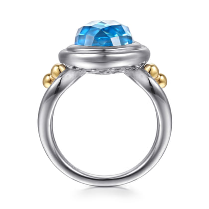 14K Yellow Gold and 925 Sterling Silver Bujukan Oval Blue Topaz Cocktail Ring