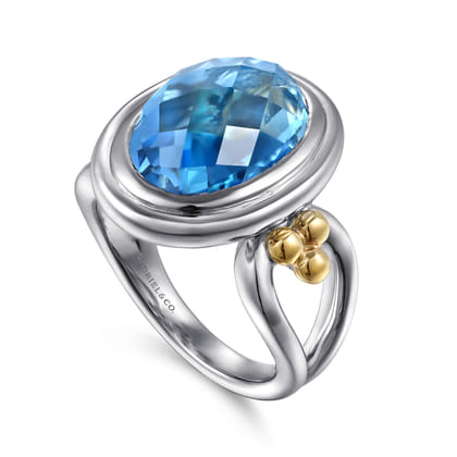 14K Yellow Gold and 925 Sterling Silver Bujukan Oval Blue Topaz Cocktail Ring