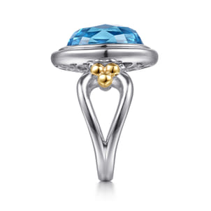 14K Yellow Gold and 925 Sterling Silver Bujukan Oval Blue Topaz Cocktail Ring