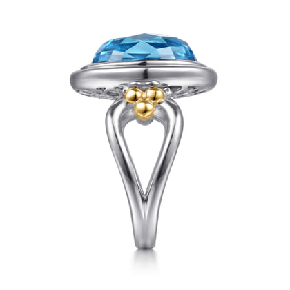 14K Yellow Gold and 925 Sterling Silver Bujukan Oval Blue Topaz Cocktail Ring