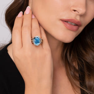 14K Yellow Gold and 925 Sterling Silver Bujukan Oval Blue Topaz Cocktail Ring
