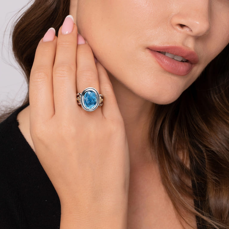 14K Yellow Gold and 925 Sterling Silver Bujukan Oval Blue Topaz Cocktail Ring - Shot 5