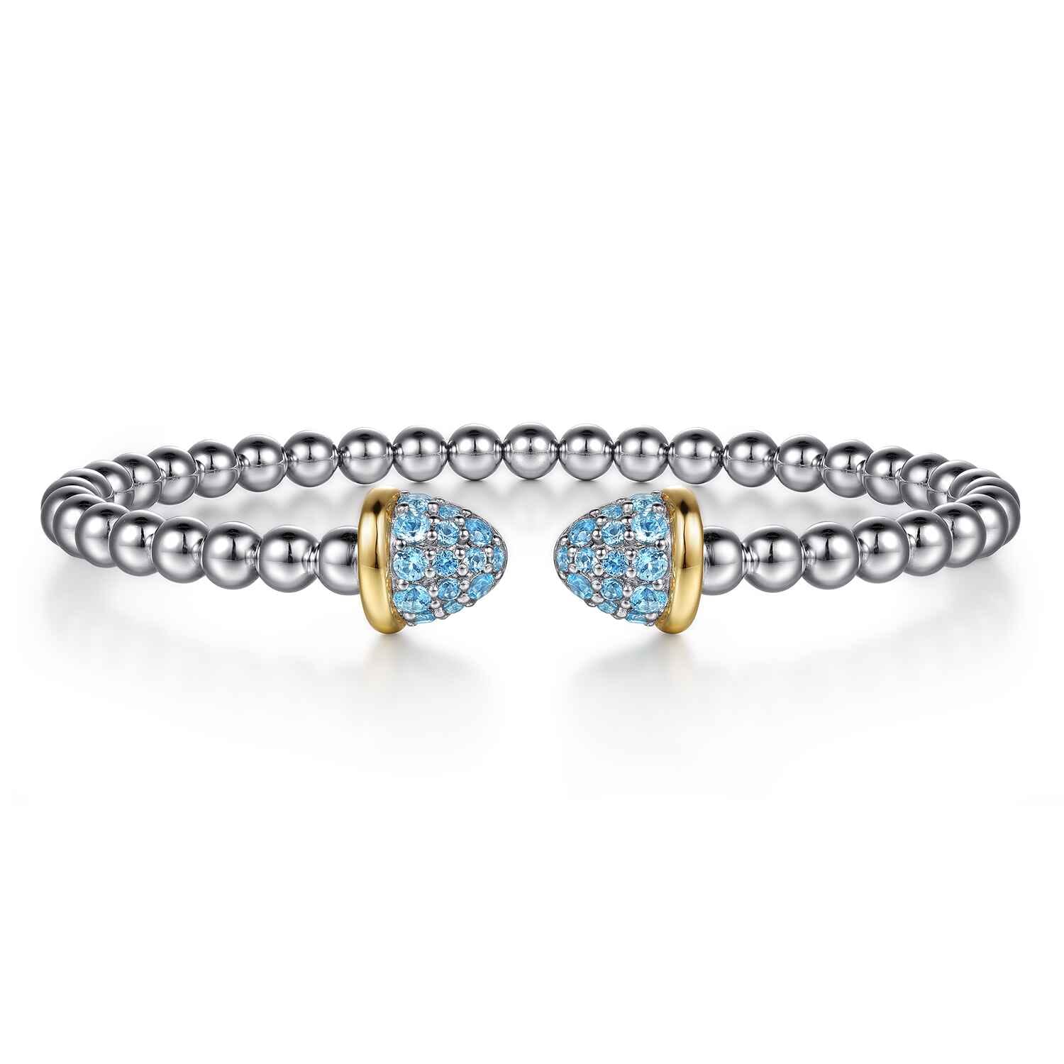 14K Yellow Gold and 925 Sterling Silver Bujukan Pave Blue Topaz Bullet Split Bangle Bracelet