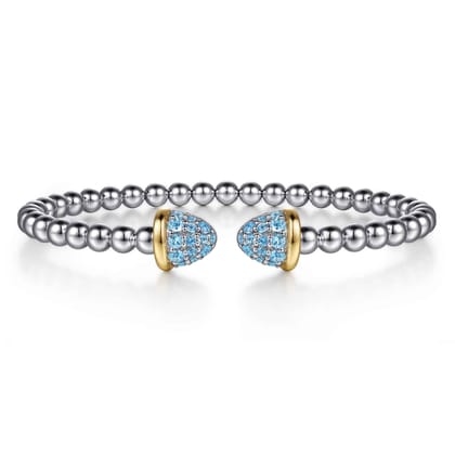 14K Yellow Gold and 925 Sterling Silver Bujukan Pave Blue Topaz Bullet Split Bangle Bracelet