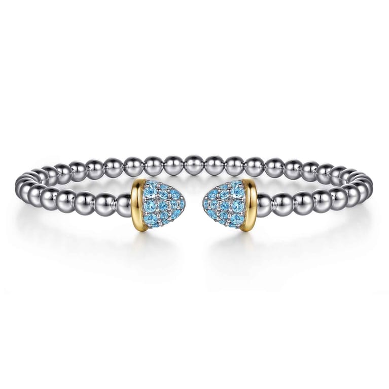 14K Yellow Gold and 925 Sterling Silver Bujukan Pave Blue Topaz Bullet Split Bangle Bracelet - Shot 1