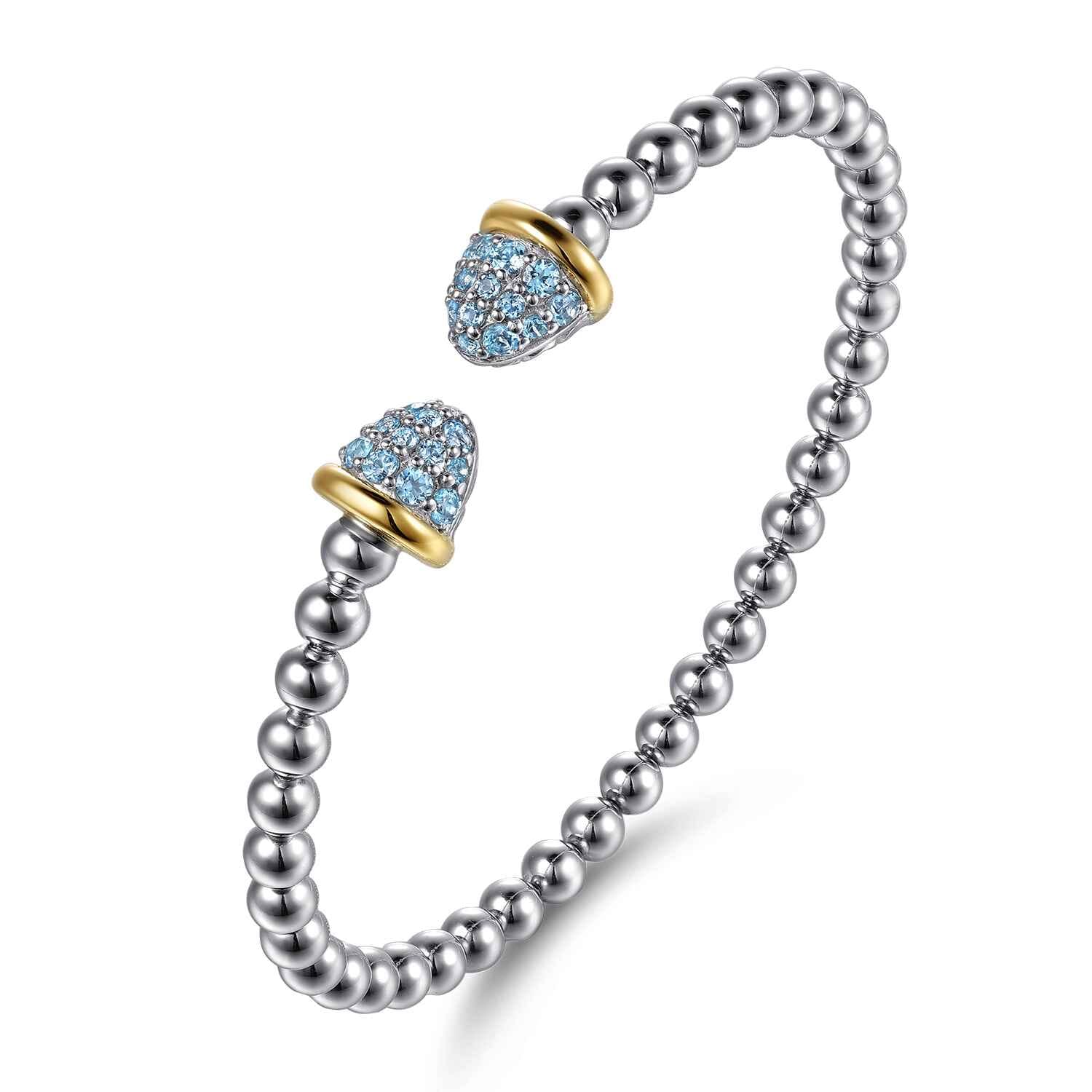 14K Yellow Gold and 925 Sterling Silver Bujukan Pave Blue Topaz Bullet Split Bangle Bracelet
