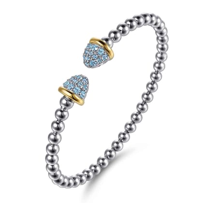 14K Yellow Gold and 925 Sterling Silver Bujukan Pave Blue Topaz Bullet Split Bangle Bracelet