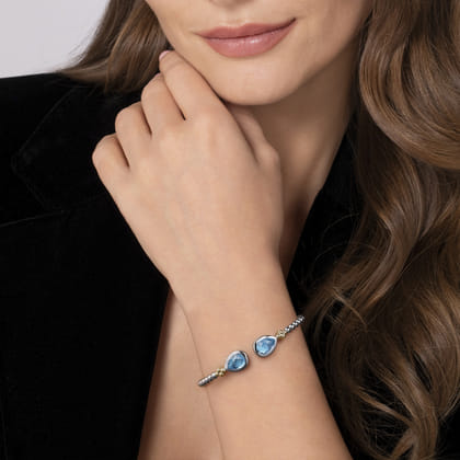 14K Yellow Gold and 925 Sterling Silver Bujukan Pear Blue Topaz Bangle