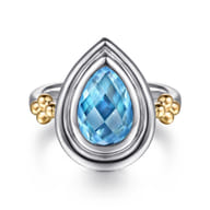 14K Yellow Gold and 925 Sterling Silver Bujukan Pear Blue Topaz Cocktail Ring