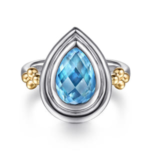 14K Yellow Gold and 925 Sterling Silver Bujukan Pear Blue Topaz Cocktail Ring