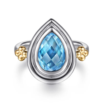 14K Yellow Gold and 925 Sterling Silver Bujukan Pear Blue Topaz Cocktail Ring