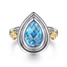 14K Yellow Gold and 925 Sterling Silver Bujukan Pear Blue Topaz Cocktail Ring