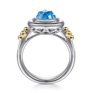 14K Yellow Gold and 925 Sterling Silver Bujukan Pear Blue Topaz Cocktail Ring