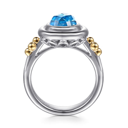 14K Yellow Gold and 925 Sterling Silver Bujukan Pear Blue Topaz Cocktail Ring
