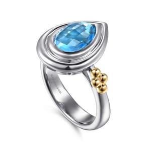 14K Yellow Gold and 925 Sterling Silver Bujukan Pear Blue Topaz Cocktail Ring