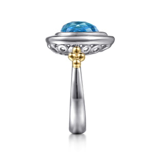 14K Yellow Gold and 925 Sterling Silver Bujukan Pear Blue Topaz Cocktail Ring