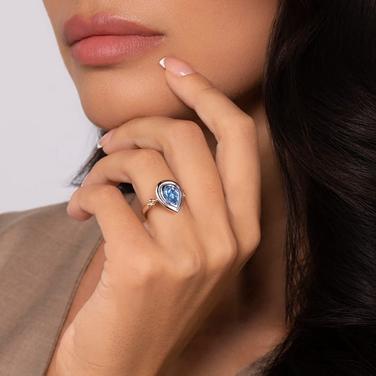 14K Yellow Gold and 925 Sterling Silver Bujukan Pear Blue Topaz Cocktail Ring - Shot 5