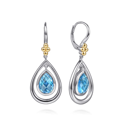 14K Yellow Gold and 925 Sterling Silver Bujukan Pear Blue Topaz Leverback Drop Earrings