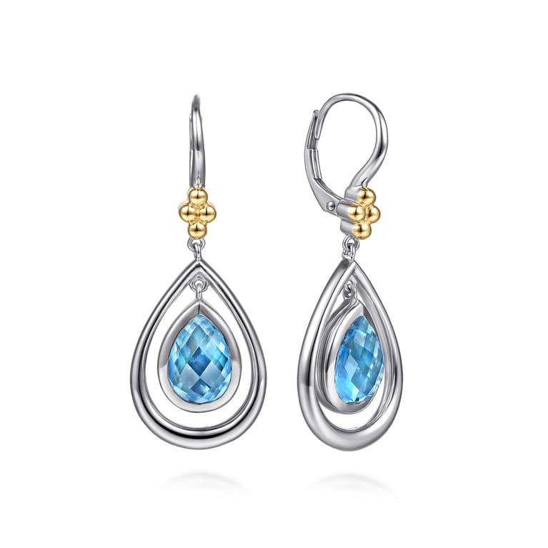 14K Yellow Gold and 925 Sterling Silver Bujukan Pear Blue Topaz Leverback Drop Earrings - Shot 1
