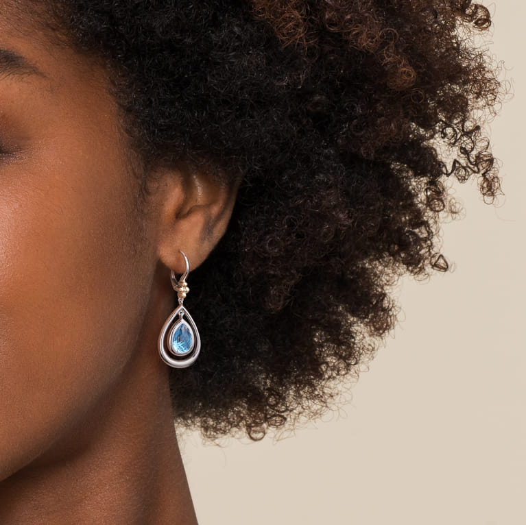 14K Yellow Gold and 925 Sterling Silver Bujukan Pear Blue Topaz Leverback Drop Earrings - Shot 3