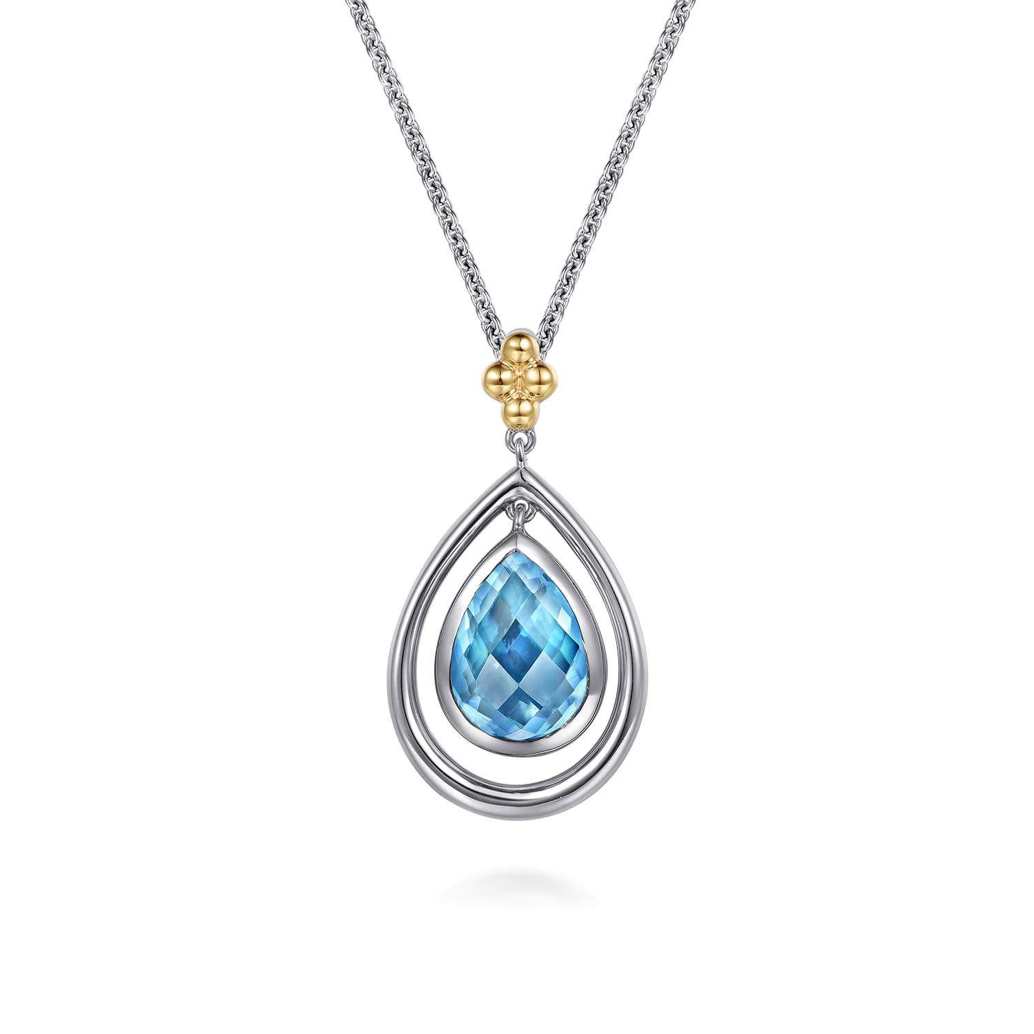 14K Yellow Gold and 925 Sterling Silver Bujukan Pear Blue Topaz Pendant Necklace