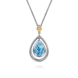 14K Yellow Gold and 925 Sterling Silver Bujukan Pear Blue Topaz Pendant Necklace