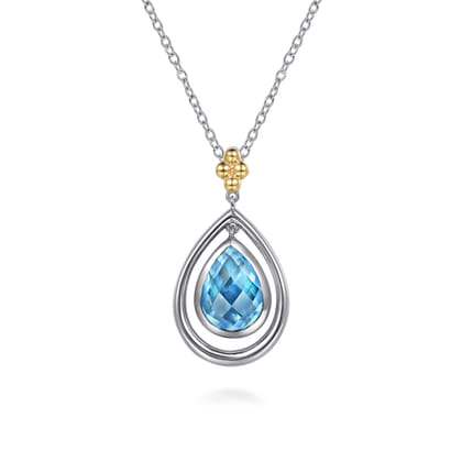 14K Yellow Gold and 925 Sterling Silver Bujukan Pear Blue Topaz Pendant Necklace